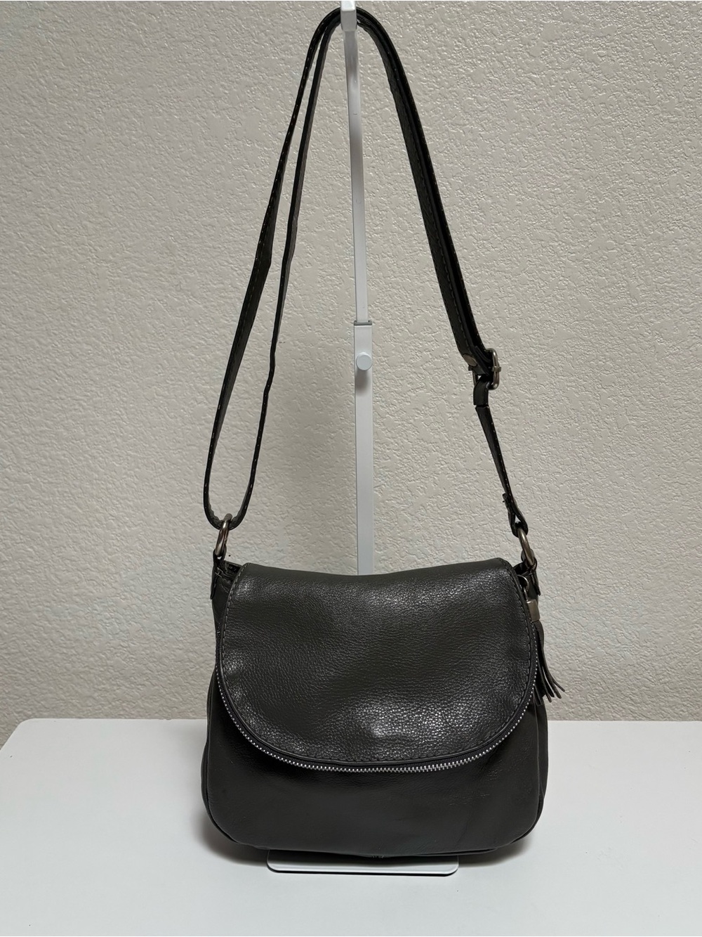 Classic Grey Leather Crossbody Bag - Women